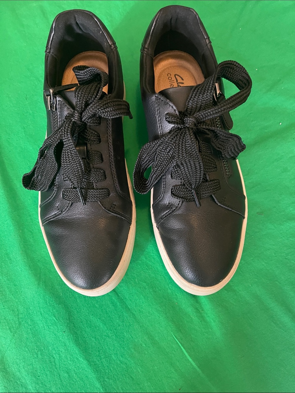 Clarks Kids Black Leather Sneakers with White Soles and Wide Laces
